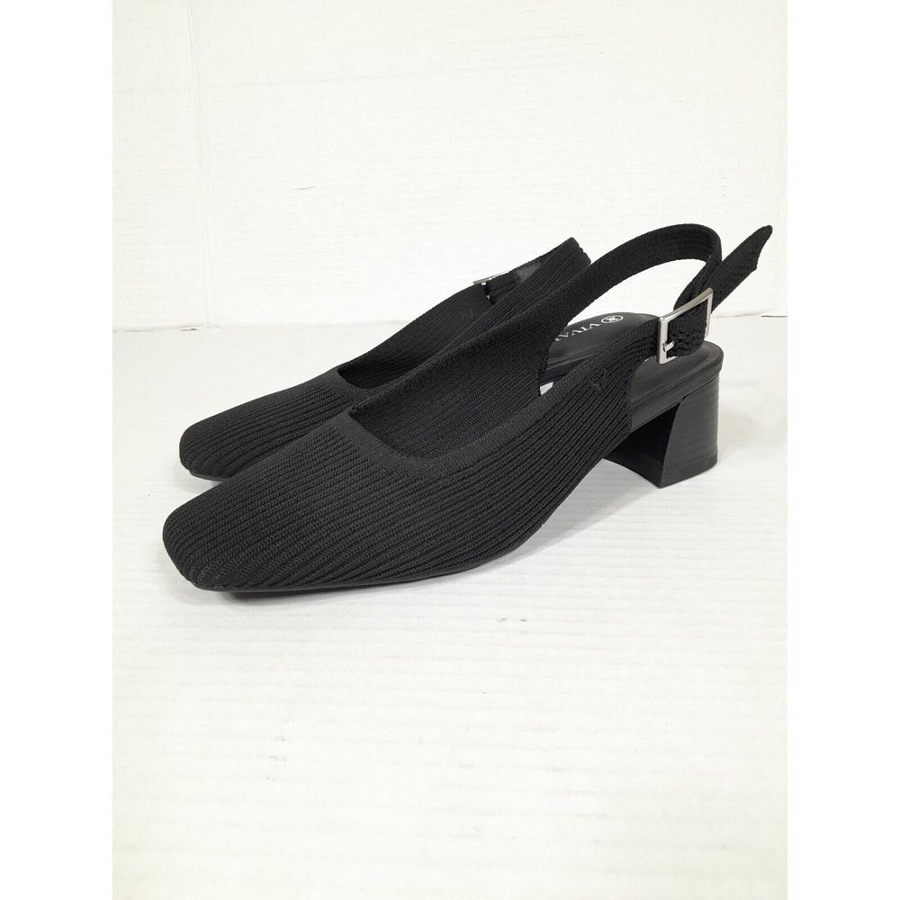 VIVAIA Melody Black Knit Square Toe Chunky Heels Slingback Sandals Women Sz 7 38